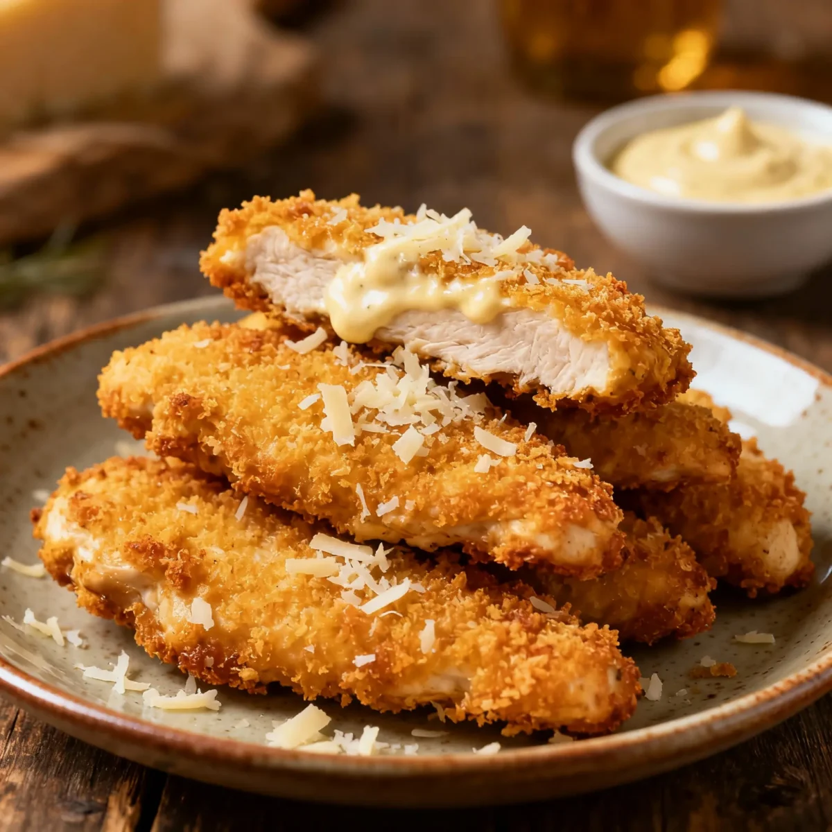 Creamy Parmesan chicken strips served on rustic tray with parsley garnish
