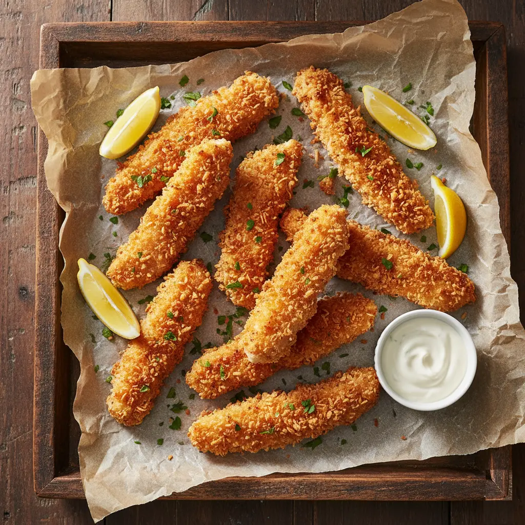 Creamy Parmesan chicken strips served on rustic tray with parsley garnish