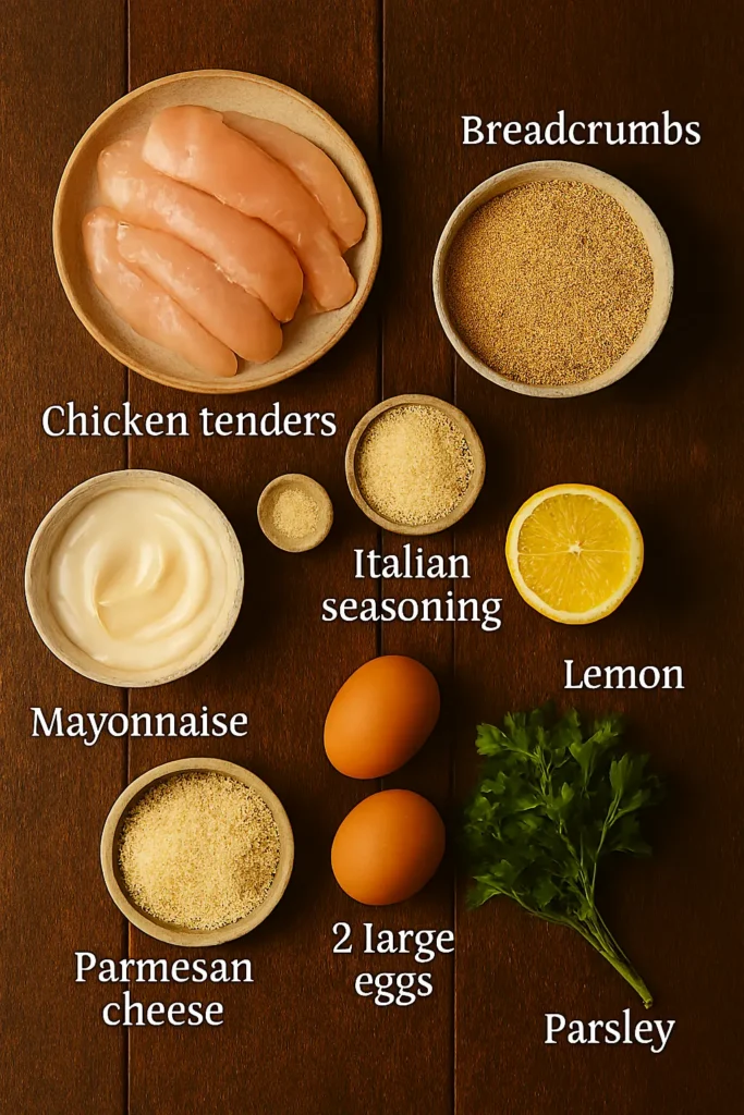 Ingredients for creamy Parmesan chicken strips neatly labeled on wooden table