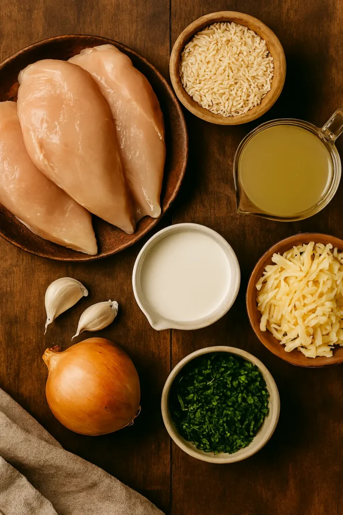 Creamy Smothered Chicken and Rice recipe ingredients