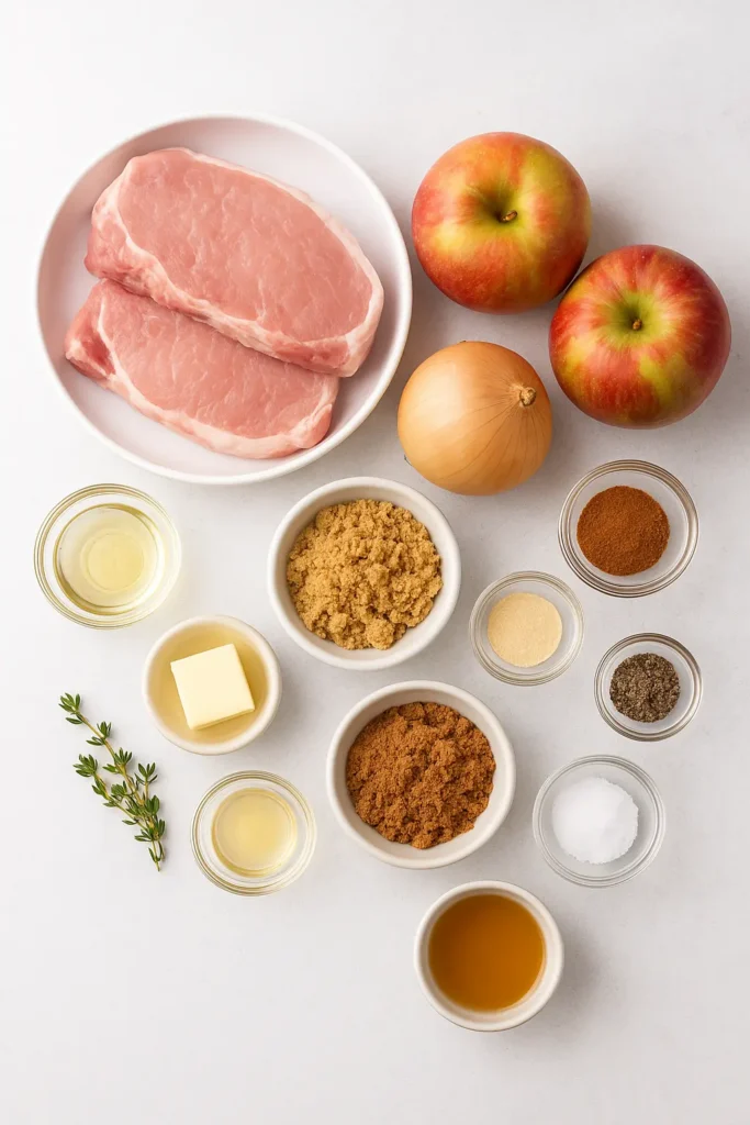 the ingredients  of  the comfort food pork chops with caramelized apples 