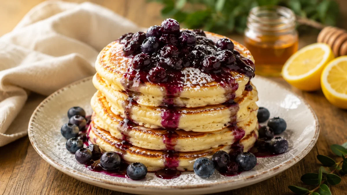 Fluffy Lemon Ricotta Pancakes with Blueberry Compote