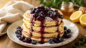 Fluffy Lemon Ricotta Pancakes with Blueberry Compote