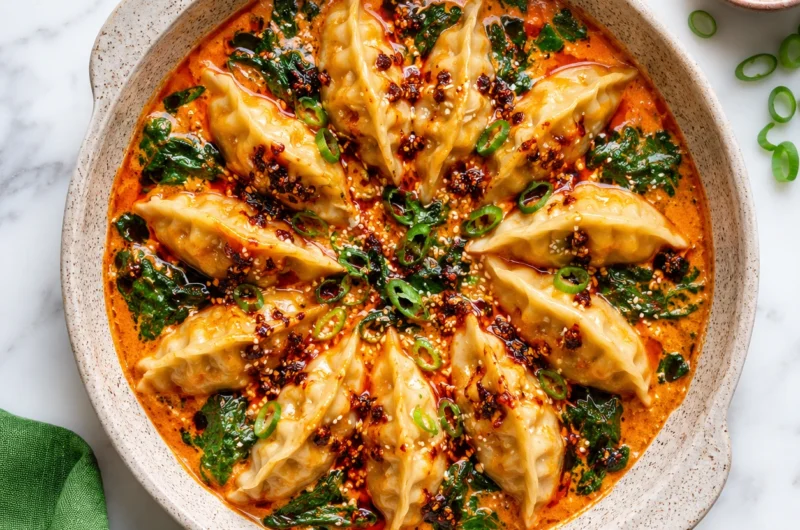 Frozen dumplings baked in a creamy coconut curry sauce with spinach and ginger. Ready in 25 minutes with just one dish.